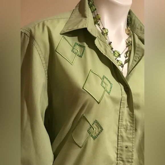 Las Olas Button Down Long Sleeve Collard Dimond Shape Green Shirt Size Small - Picture 2 of 8